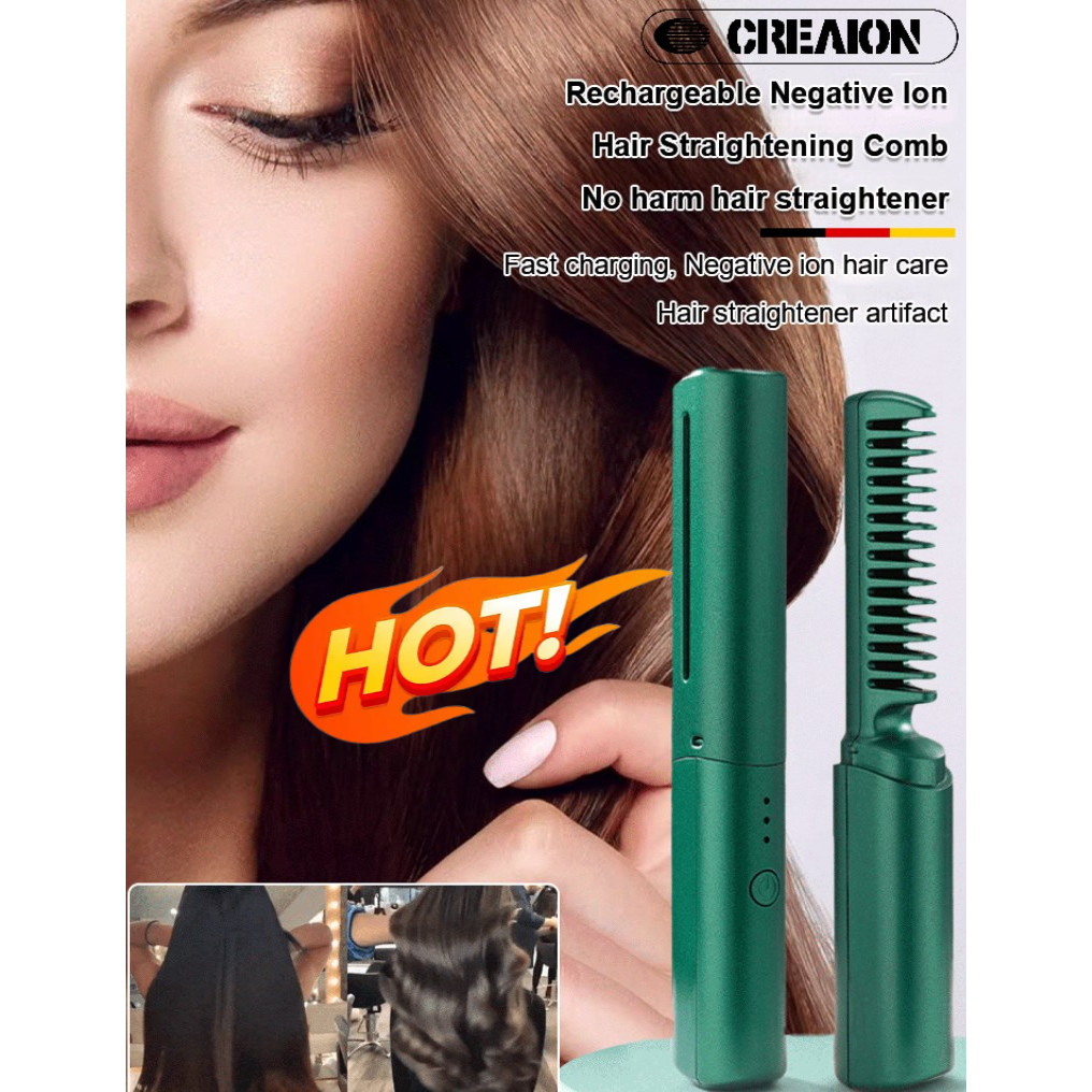 MY Stock🎁【Comb straight in one second】Rechargeable negative ion hair straightener/Wireless 2 in 1 Hair Straightener and Curler/Portable Fast Heating Straight hair comb