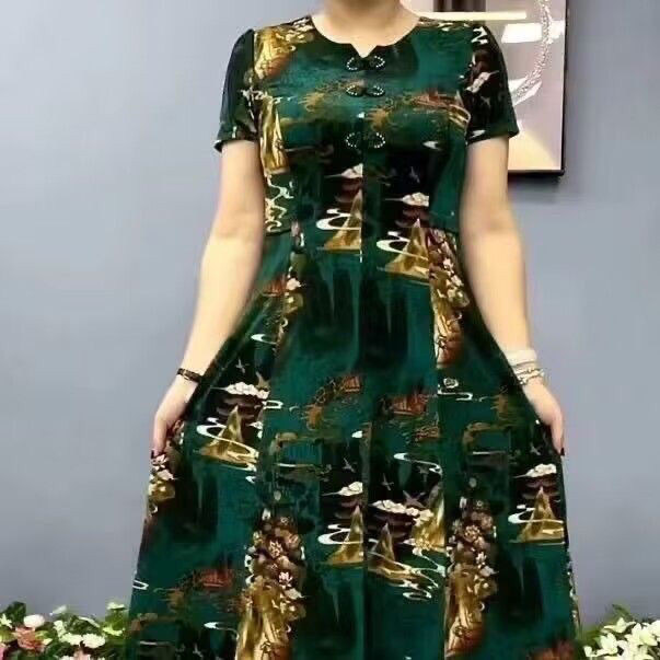 Plus Size 5XL Vintage Dress Women Short Sleeve Print Hight Waist Dress Fashion Knee-length Loose Dress for Women