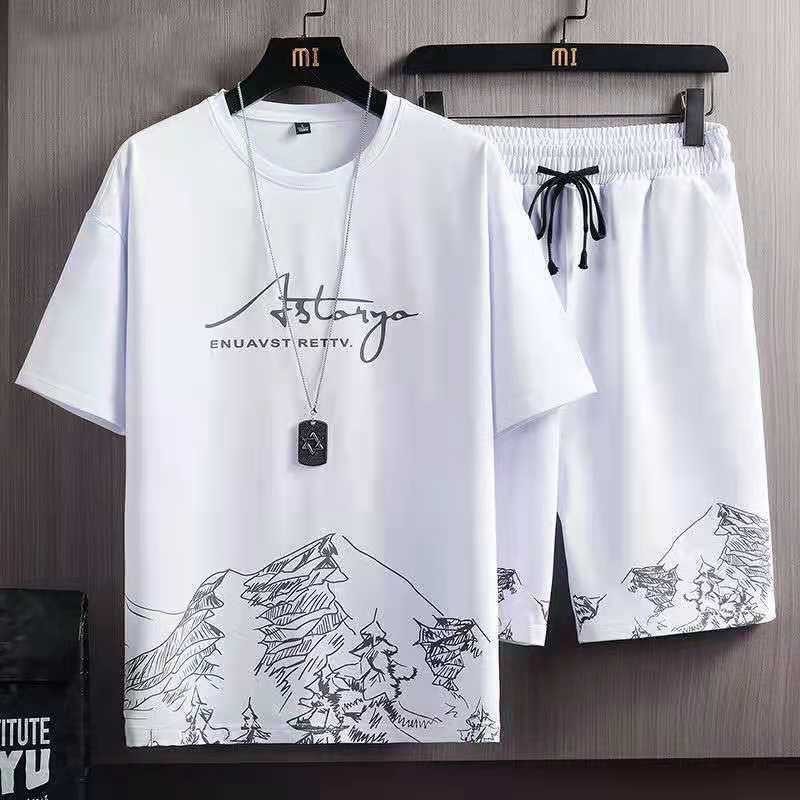 Short Sleeve T-shirt Set Men Summer Two Piece Sets Baju T Shirt Lelaki Sports Set Men Fashion Casual Set Summer Korean Short-sleeved T-shirt Men's Two-piece Shorts T-shirt