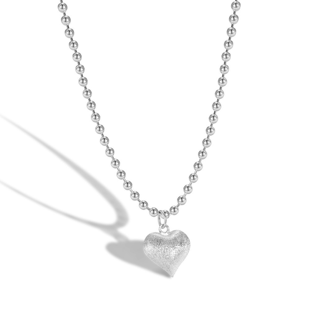 Fashion Metallic Texture Design S925 Silver Beaded Chain Brushed Frosted Heart Shape Pendant Women Jewelry Necklace