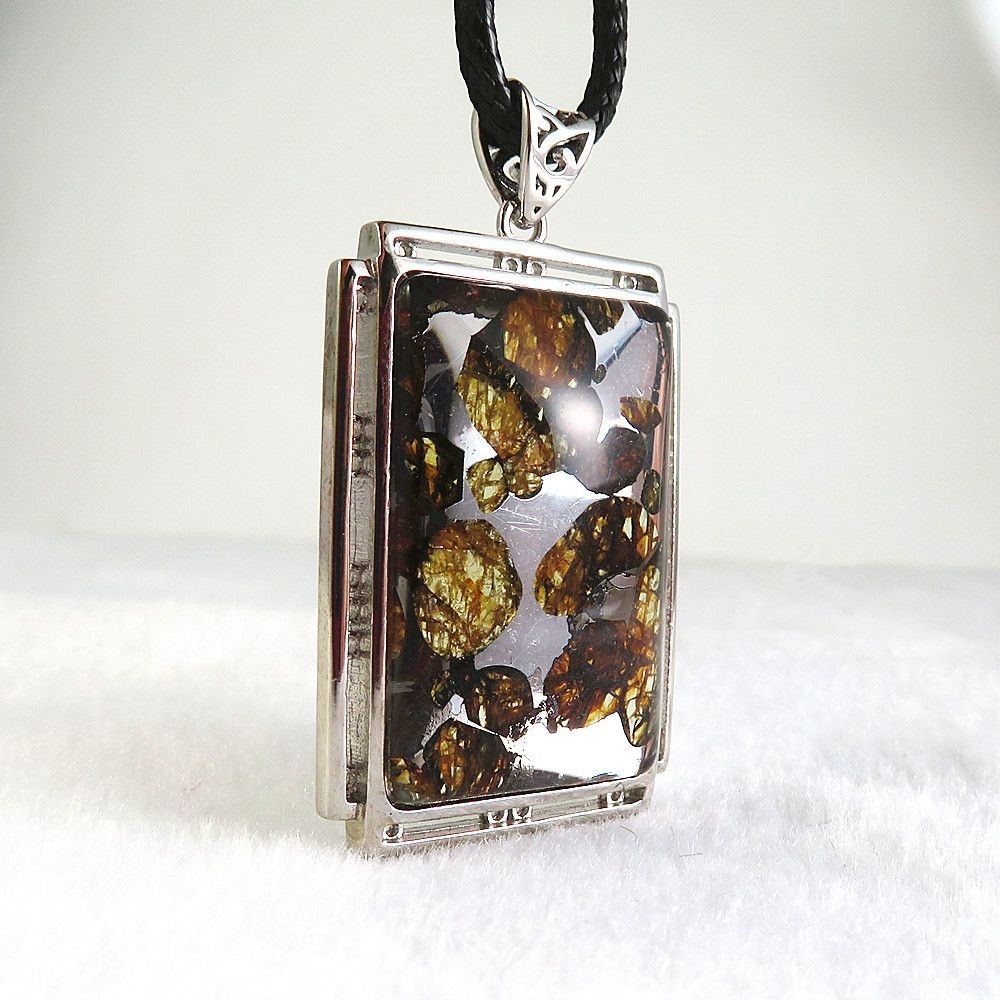 Kenyan Olive Iron Meteorite Rectangular Silver Inlaid Pendant Safe Brand Unisex Jewelry Pendant