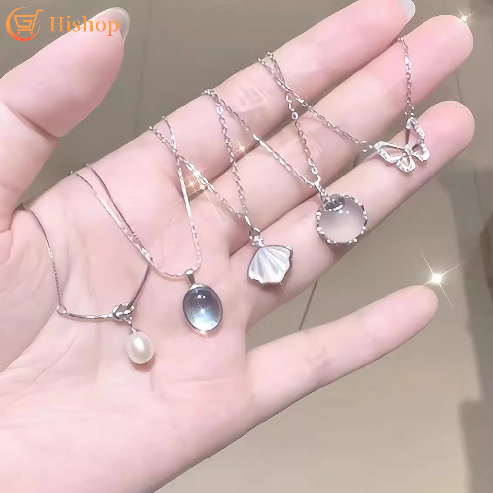Shell Pearl Necklace for Women Simple Butterfly Clover Choker Silver Chain Accessories Jewelry