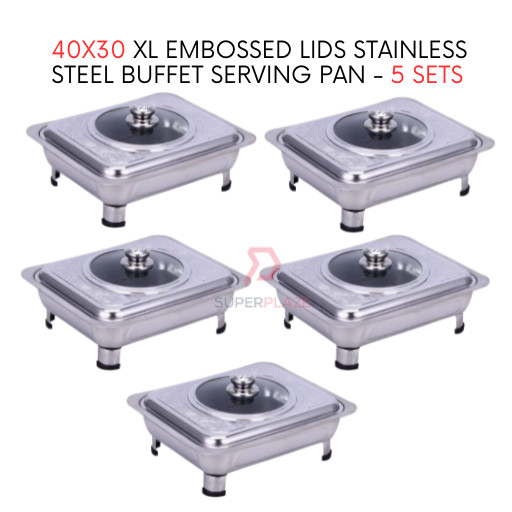 5 Sets 40x30cm XL Embossed Lids Stainless Steel Buffet Set Catering Serving Tray Food Pan