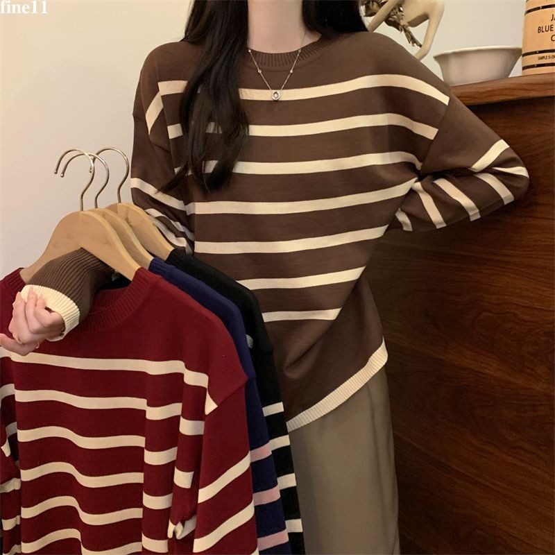 【Malaysia stock】 Women Striped Baju Knitted Sweater Ladies Long Sleeve Knit Top Korean Style Sweaters Shirts Loose Blouse fine11