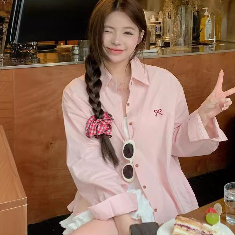 Pink Blouse Women Kroean Style Bow Embroidered Loose Casual Long Sleeve Top