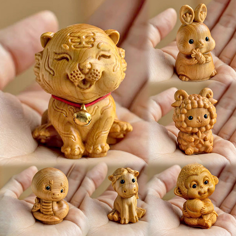 Carving Twelve Zodiac Mini Ornaments Mouse Ox Tiger Rabbit Dragon Snake Office Desktop Cute Little Animal Decorations Kids Gift