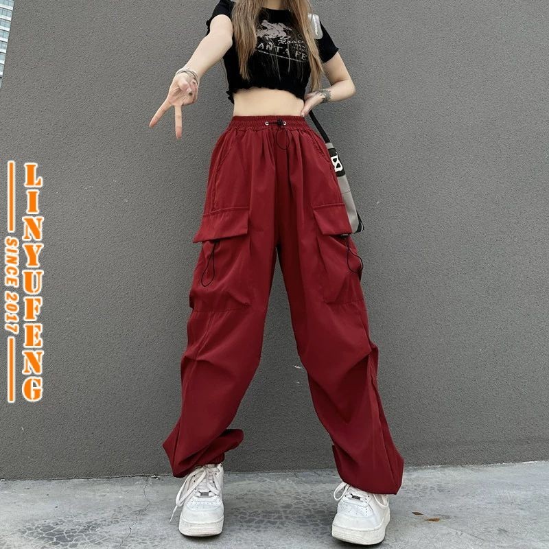 Y2K Streetwear Cargo Parachute Pants Women Sport Casual Baggy Wide Leg Straight Cut Plus Size Big Pockets High Waist Ladies Woman Long Trousers Celana Seluar Kargo Slack Panjang Poket Tepi Perempuan Wanita Murah 女工装裤 Black Grey Army Green Hitam