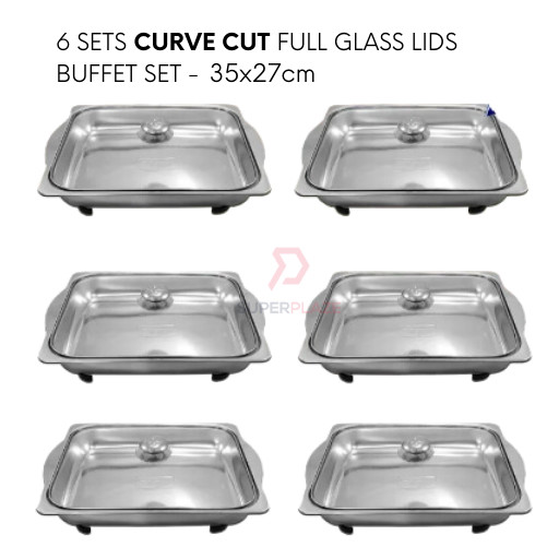 6 Sets 35x27cm Curve Cut Full Glass Lid Stainless Steel Buffet Set Catering Serving Tray Food Pan