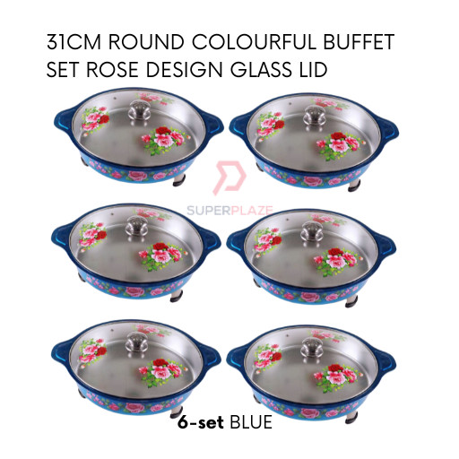 Blue 6 Sets 31cm Round Colorful Buffet Set Rose Design Glass Lid Food Pan Chafing Dish Tray