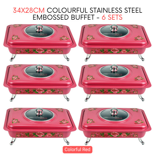 6 Sets Red Straight 34x28cm Colorful Stainless Steel Embossed Buffet Food Pan Catering Food Serving Tray