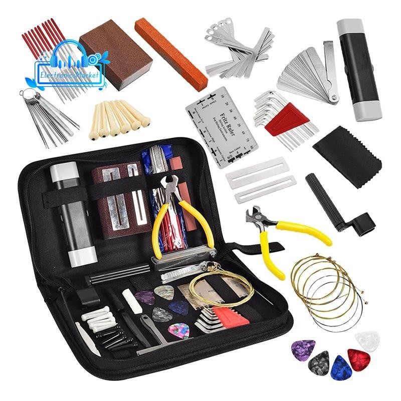 Replacement Spare Parts 72Pcs Guitar Tool Kit Repair Maintenance Tools String Action Ruler Guitar Bridge Pins Strings Picks with Carry Bag