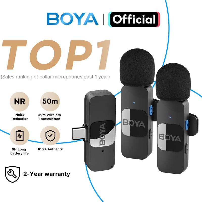 BOYA BY-V1/V2/V10/V20 Wireless Lavalier Microphone Compatible with iPhone/Android iPad Cameras PC Laptop Active Noise Reduction Mini Mic for Vlog Live Content Creators KOL Recordin