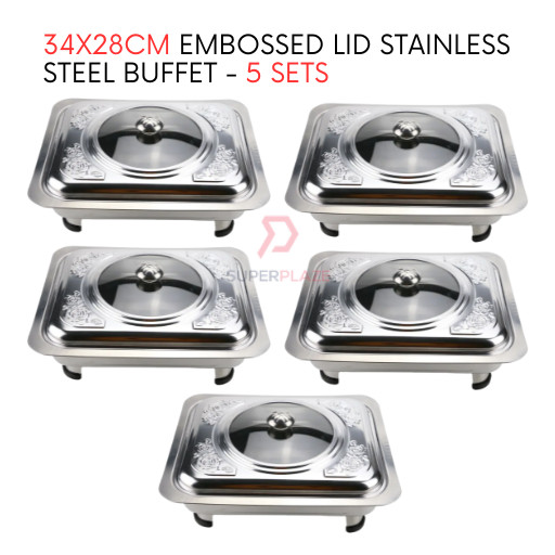 5 Sets 34x28cm Straight Cut Embossed Lid Stainless Steel Buffet Set Catering Serving Tray Food Pan