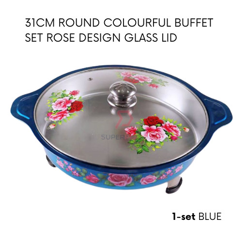 Blue 1 Set 31cm Round Colorful Buffet Set Rose Design Glass Lid Food Pan Chafing Dish Tray