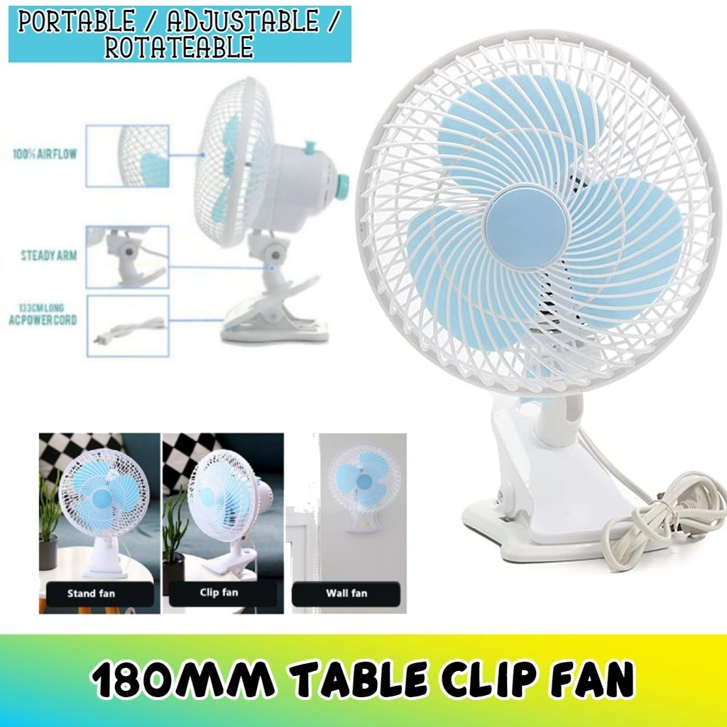 ~SHIP FROM KL~ 3in1 Clip Fan180MM 20W Strong Wind POWERFUL PORTABLE FAN ADJUSTABLE TABLE FAN CLIP FAN & 3 FAN BLADES