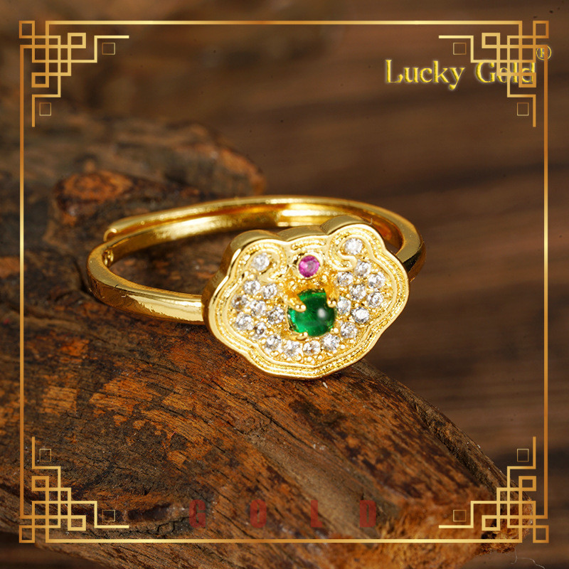 [Lucky Gold]Alluvial Gold Lock of Good Wishes Ring Women's Ancient Style Heritage Retro Open Mouth Elegant Jewelry