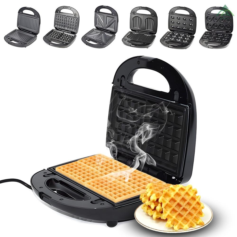 Waffle Maker 6 in 1 Double-Sided Heating 750W Electric Waffle Maker with Non-stick Removable Plates - Panini Press Grill / Donut Grill / Sandwich Grill / Nut Grill / Shell Grill fo