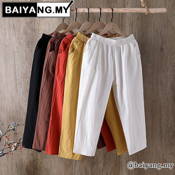 By By Women casual plus size high waist straight pants 3/4 length loose palazzo pants cotton and linen material zyWC