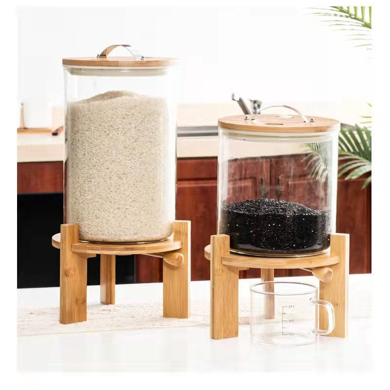 【Malaysia Stock Fast Delivery】5L 8L 10L glass rice dispenser rice jar storage container canister wooden rice container 5kg 10kg glass rice container Baloo Bambo J31E