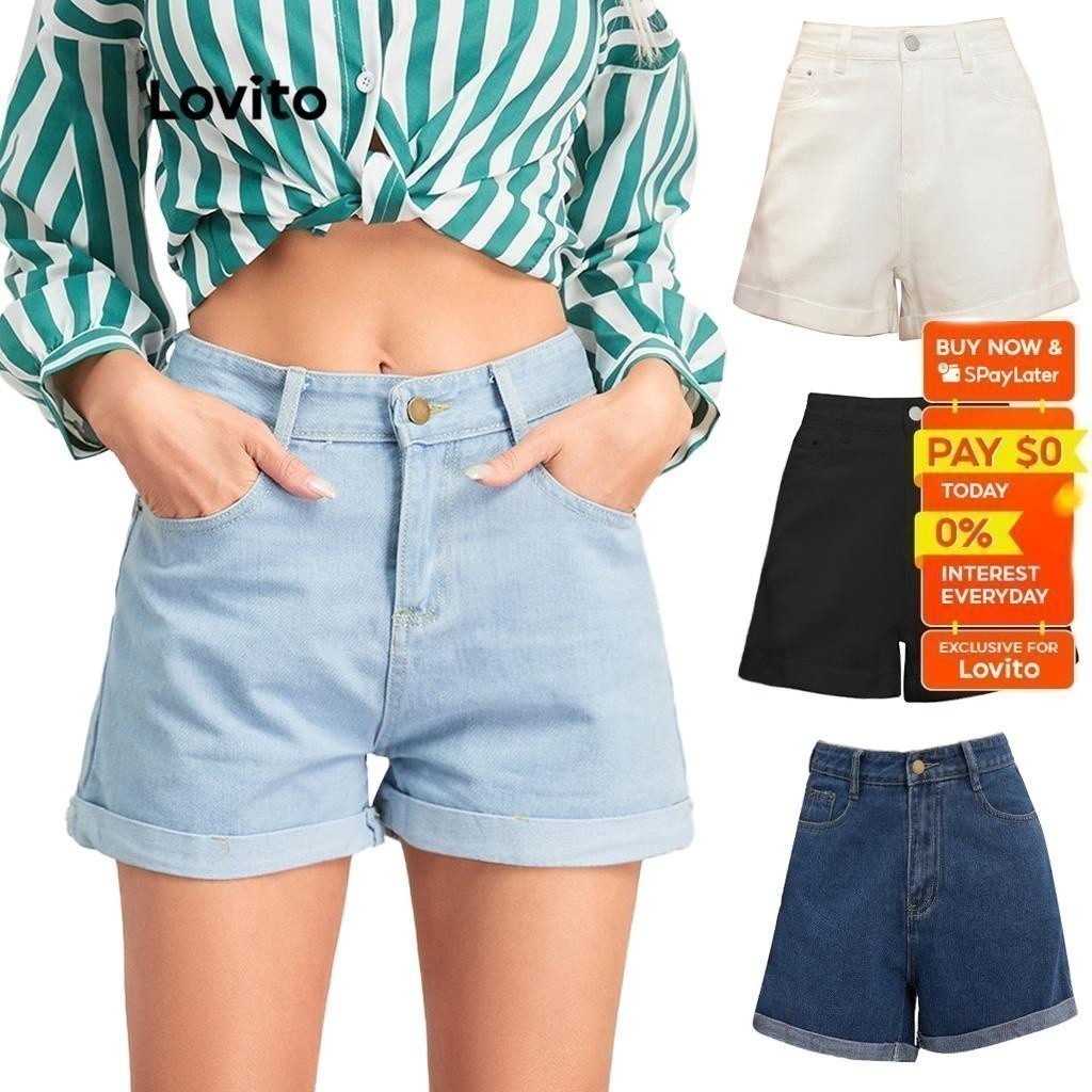 MURAH..... Lovito Casual Denim Basic Pocket Roll Up Pambahay Women Shorts L10960 (Light Blue/Dark Blue/White)