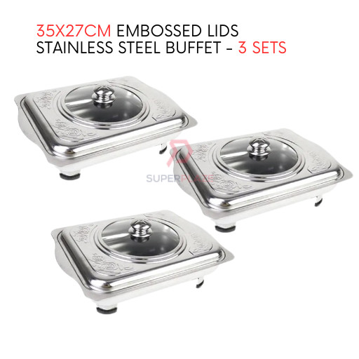 3 Sets 35x27cm Curve Cut Embossed Lids Stainless Steel Buffet Set Catering Serving Tray Food Pan