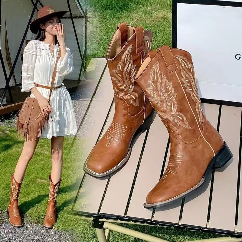 Chunky Heel Embroidered Western Cowboy Boots Women V-Mouth Sleeve Knight Boots Retro Mid-T