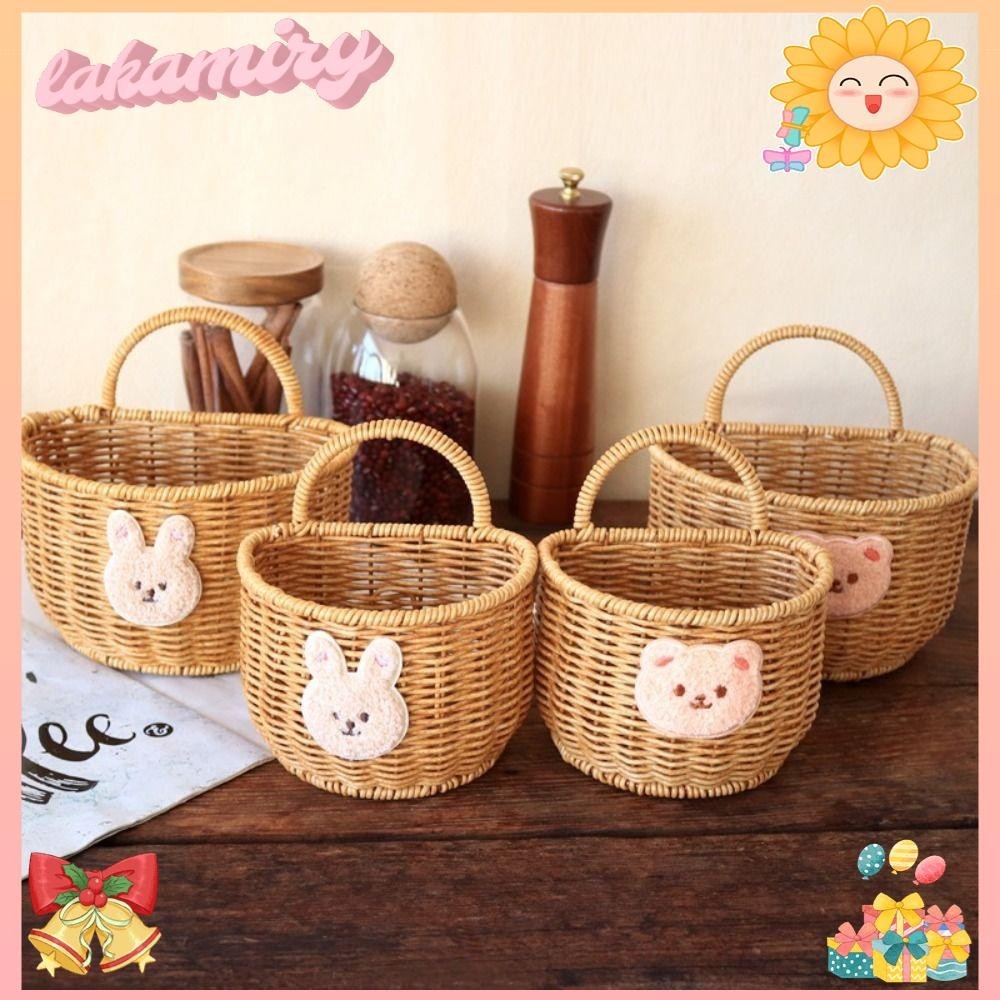 LAKAMIRY Storage Basket, Onion Ginger Garlic Fruit Vegetable Wall Hanging Basket, Imitation Rattan with Handle Rabbit/Bear Handwoven Rattan Basket for Kitchen