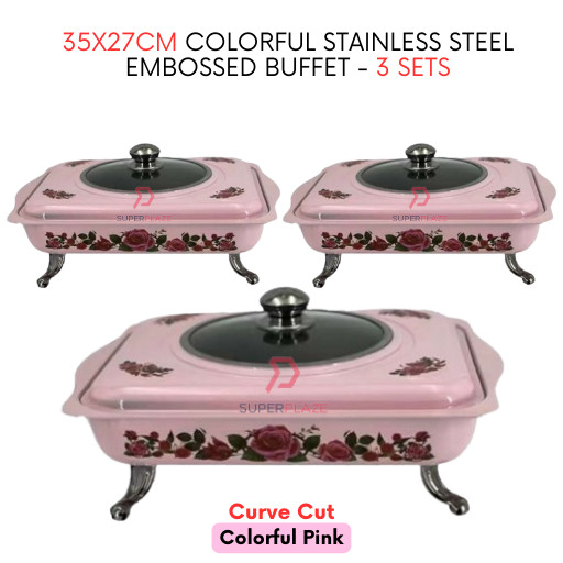 3 Sets Pink Curve 35x27cm Colorful Stainless Steel Embossed Buffet Food Pan Catering Food Serving Set Tray