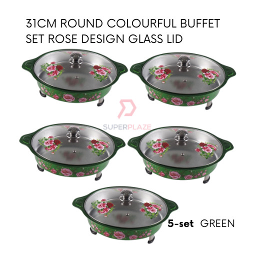 Green 5 Sets 31cm Round Colorful Buffet Set Rose Design Glass Lid Food Pan Chafing Dish Tray