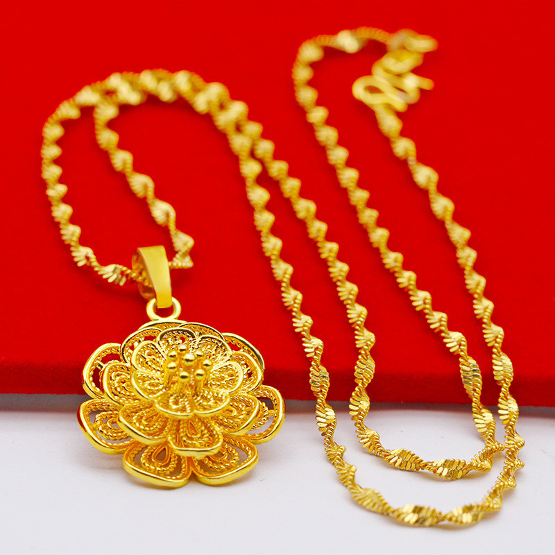 916 Gold Plated Pendant Necklace Women's Flower Hollow Heart Love Chain Pendant EMAS BANGKOK SET rantai leher lelaki emas