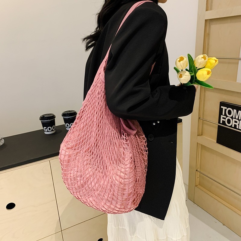 Korean Style Colorful Simple Beach bag Women Bohemian Style Hollow Mesh Bag Large Capacity Handbag Portable Shopping Bag