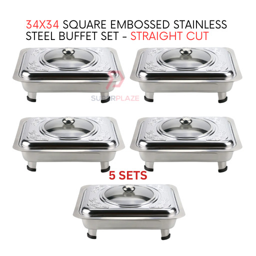 5 Sets 34x34 Square Embossed Stainless Steel Buffet Set Catering Serving Tray Food Pan Warmer