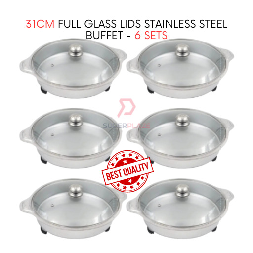 6 Sets 31cm Full Glass Lids Stainless Steel Buffet Set Catering Serving Tray Food Pan