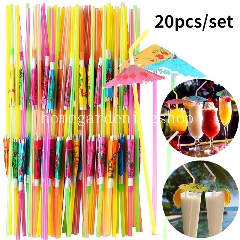 20pcs/set Umbrella Cocktail Drinking Straws Tropical Hawaiian Party Juice Paper Parasols Disposable Straws Bar Summer Decor