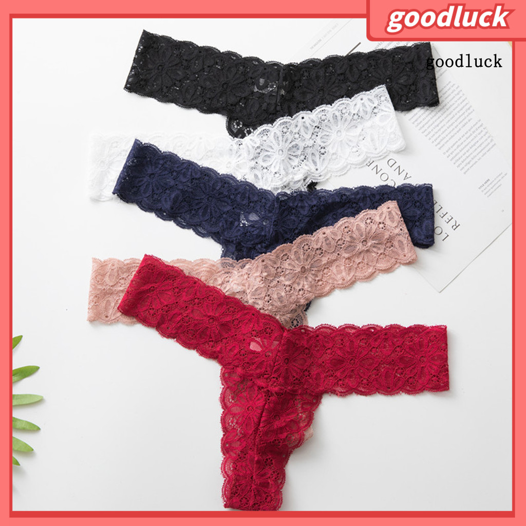 [GD] Women Panties Lace Solid Color Quick-drying Intimacy Stretchy Thin Flower Edge Low Waist Breathable Lady G-string Daily Clothes