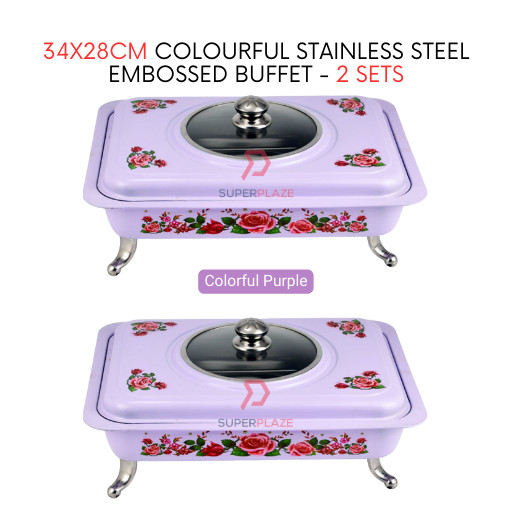 2 Sets Purple Straight 34x28cm Colorful Stainless Steel Embossed Buffet Food Pan Catering Food Serving Tray