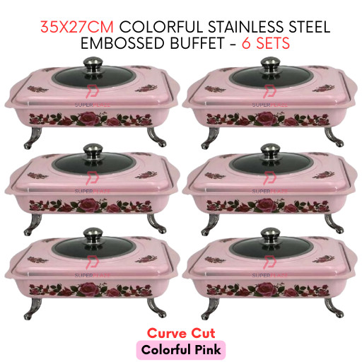 6 Sets Pink Curve 35x27cm Colorful Stainless Steel Embossed Buffet Food Pan Catering Food Serving Set Tray