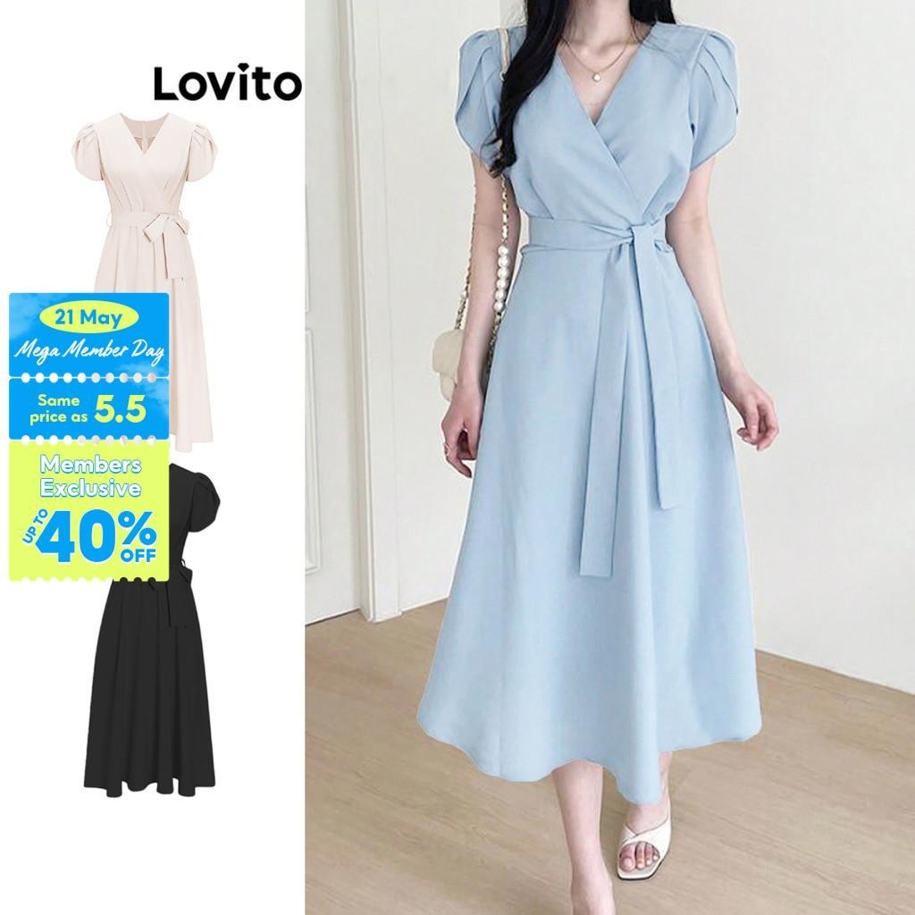 Lovito Casual Plain Belted A Line Dress for Women L65ED138 (Apricot/Blue) Lovito Gaun A Line Bersabuk Polos Kasual untuk Wanita