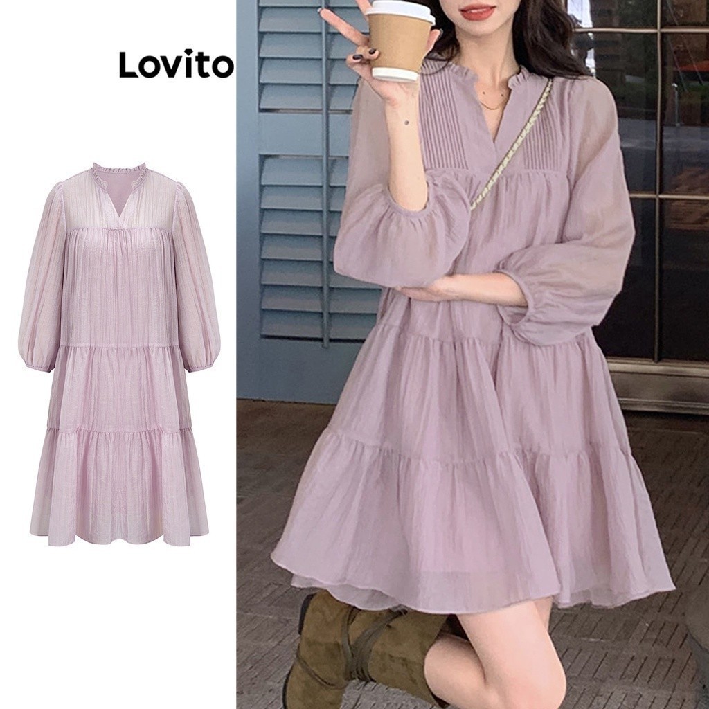 Lovito Cute Plain Sheer Double Layer Tiered Layer Dress for Women L61AD087 (Light Purple) Lovito Gaun Lapis Berjenjang Dua Lapis Tipis Polos Lucu untuk Wanita