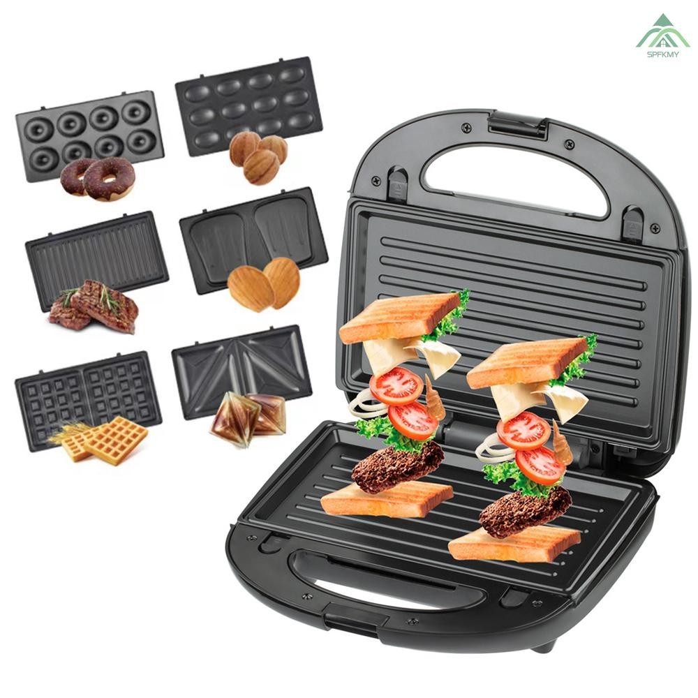 6 in 1 Electric Sandwich Maker Breakfast Machine with 6-set Removable Non-stick Plates Double-Sided Heating Waffle Maker Donut   Maker Panini Press Grill Breakfast Station