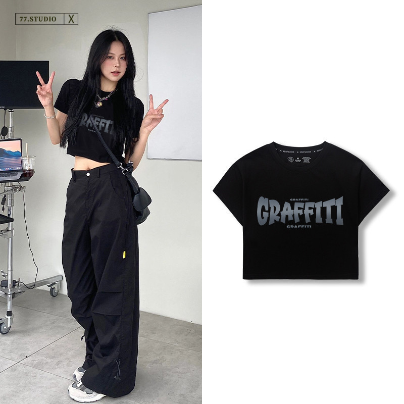 (Ready to ship) Printed short-sleeved crop top, soft and comfortable. #100% cotton T-shirt, women's belly-baring