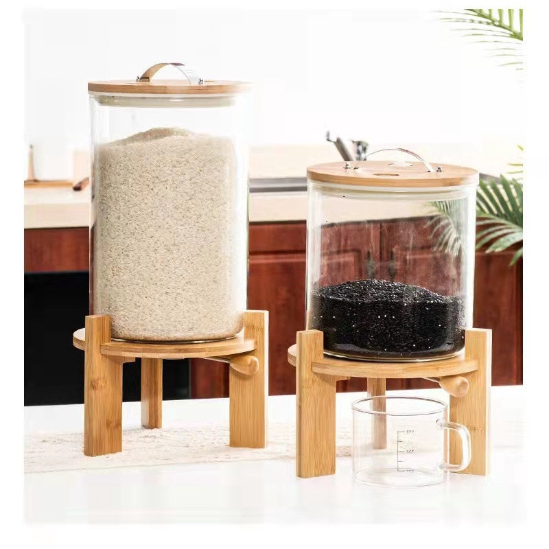 【MY Stock Fast Delivery】5L 8L 10L glass rice dispenser rice jar storage container canister wooden rice container 5kg 10kg glass rice container Baloo Bambo J31E VK4A