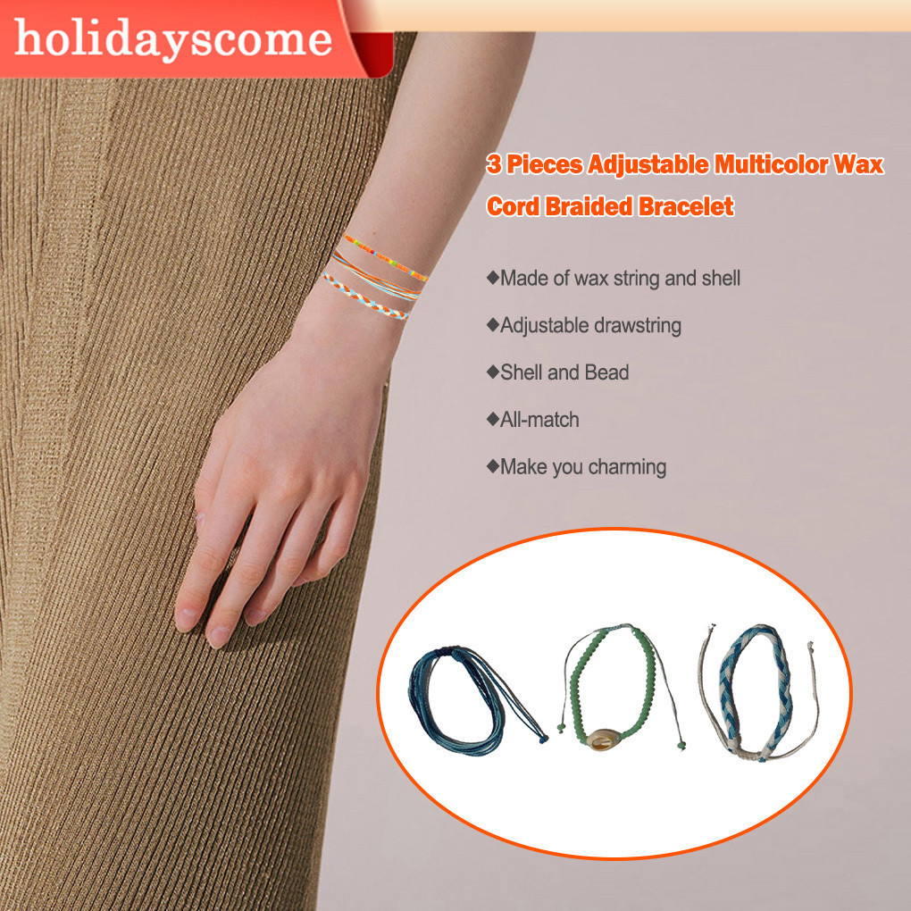 【Hclm】1/2/3 3 Pieces Wax Cord Braided Bracelet Adjustable Beaded Shell Jewelry Handcrafted Bohemian Bracelets Beach Women Teen Girls