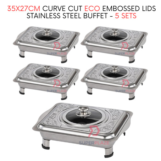 5 Sets 35x27cm Curve Cut Eco Embossed Lids Stainless Steel Buffet Set Catering Serving Tray Food Pan