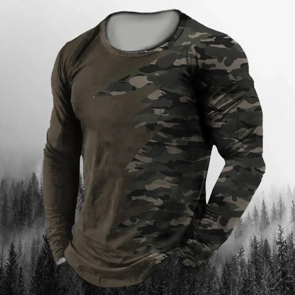 2024 Vintage men's long sleeve T-shirt Autumn printed crew neck T-shirt camouflage pattern clothing casual high street oversized men's top