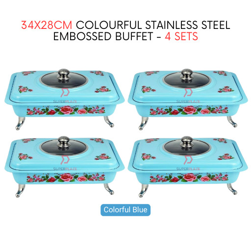 4 Sets Blue Straight 34x28cm Colorful Stainless Steel Embossed Buffet Food Pan Catering Food Serving Tray