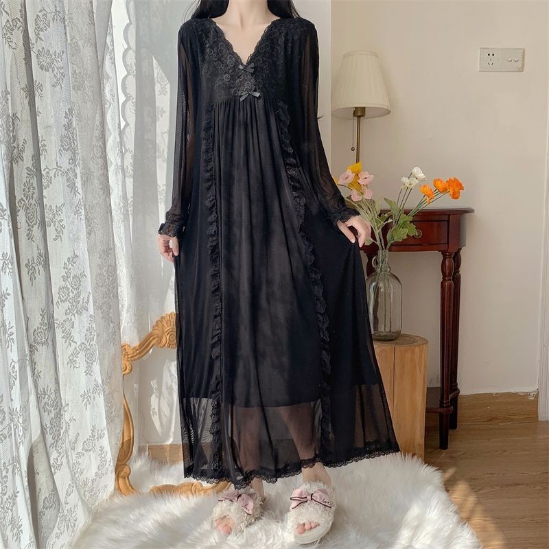 Retro Palace Style Lace Gauze Women 2025 Spring Autumn Style Long-Sleeved Jumpsuit 100kg Homewear