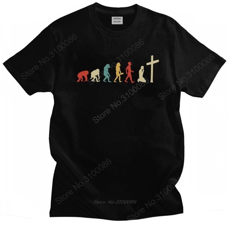 Funny Mens Jesus Evolution Of Religion T-Shirts Short Sleeves O-neck Cotton Tshirt Christian Religious Faith Tee Shirt Apparel