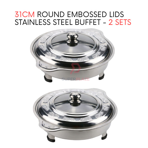 2 Sets 31cm Round Embossed Lids Stainless Steel Buffet Set Catering Serving Tray Food Pan