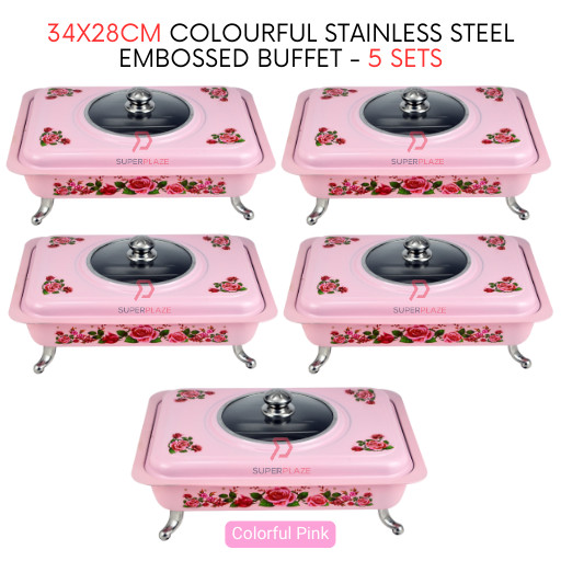 5 Sets Pink Straight 34x28cm Colorful Stainless Steel Embossed Buffet Food Pan Catering Food Serving Tray